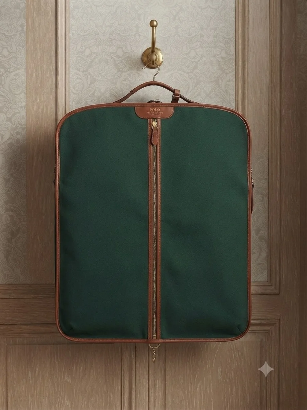 Vintage Polo by Ralph Lauren Green Canvas Garment Bag with Brown Leather Trim